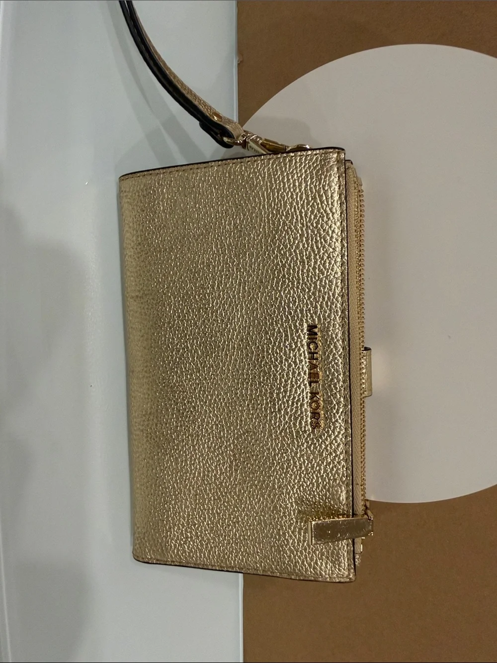 Michael Kors Metallic Gold Leather Wristlet Clutch new with tag women